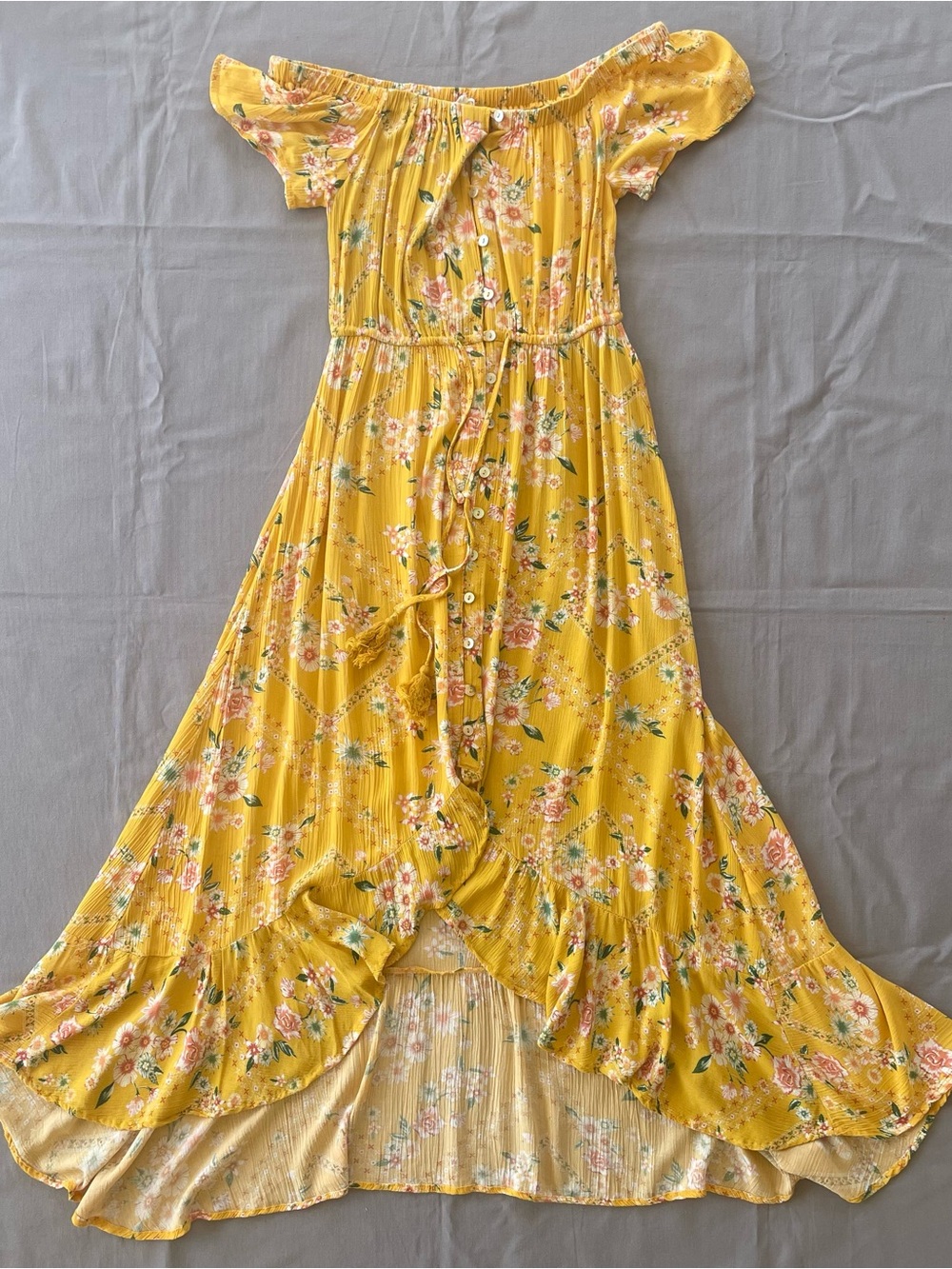 Anthropologie Abel the Label Yellow Floral Hi-Low Maxi Dress Size M Boho Smocked